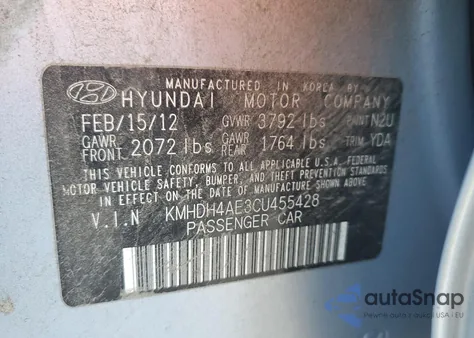 2012 Hyundai Elantra Gls z USA, uszkodzony, nr VIN KMHDH4AE3CU455428